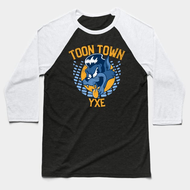 Saskatoon Toon Town Yxe - Blue & Yellow Cat-Dog Baseball T-Shirt by Stooned in Stoon